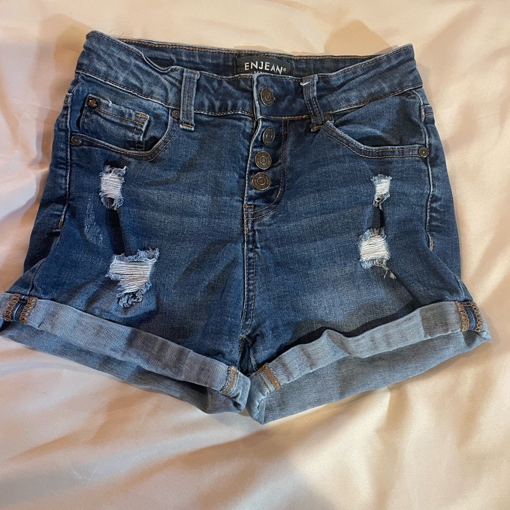 Enjean Juniors Blue Denim Distressed Button-Up Shorts, Size Small